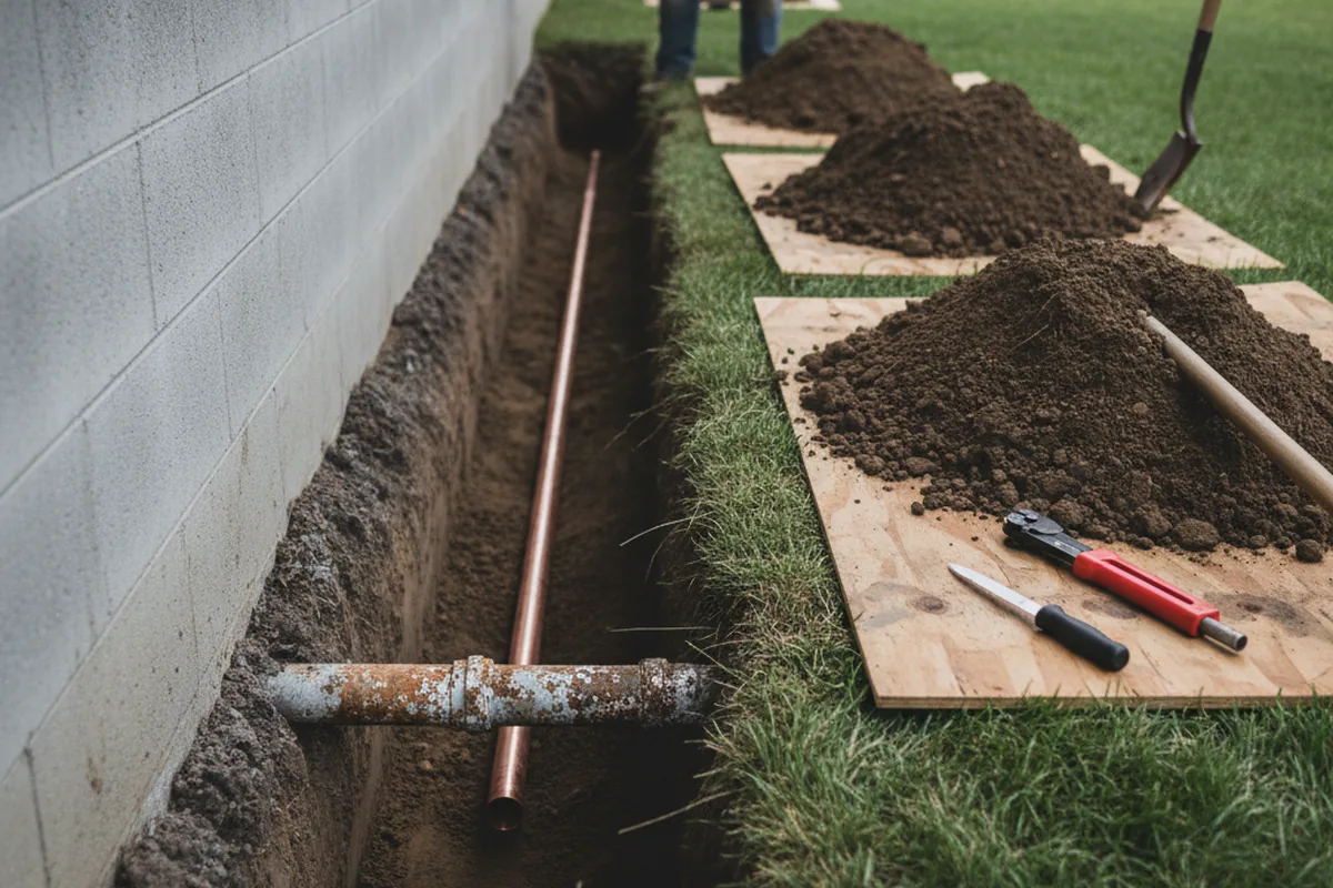 Excavated water line trench during Water Softener Installation in Deal